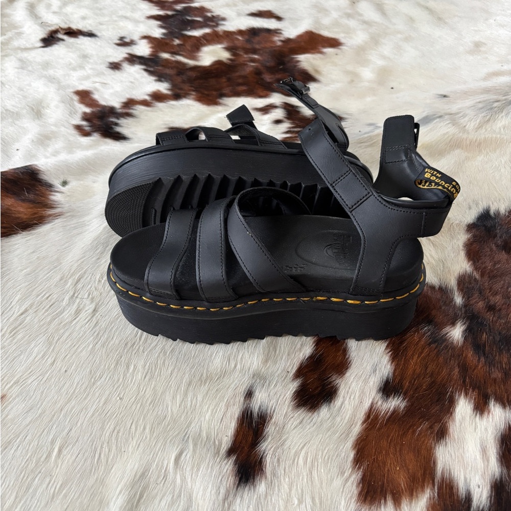 Dr. Martens Black Leather Platform Sandals with Yellow Stitching